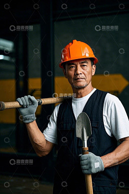 工人手持铁锹戴安全帽形象