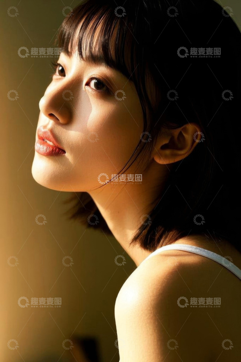 高清大图下载【趣麦麦图】亚洲年轻女性侧脸光影肖像