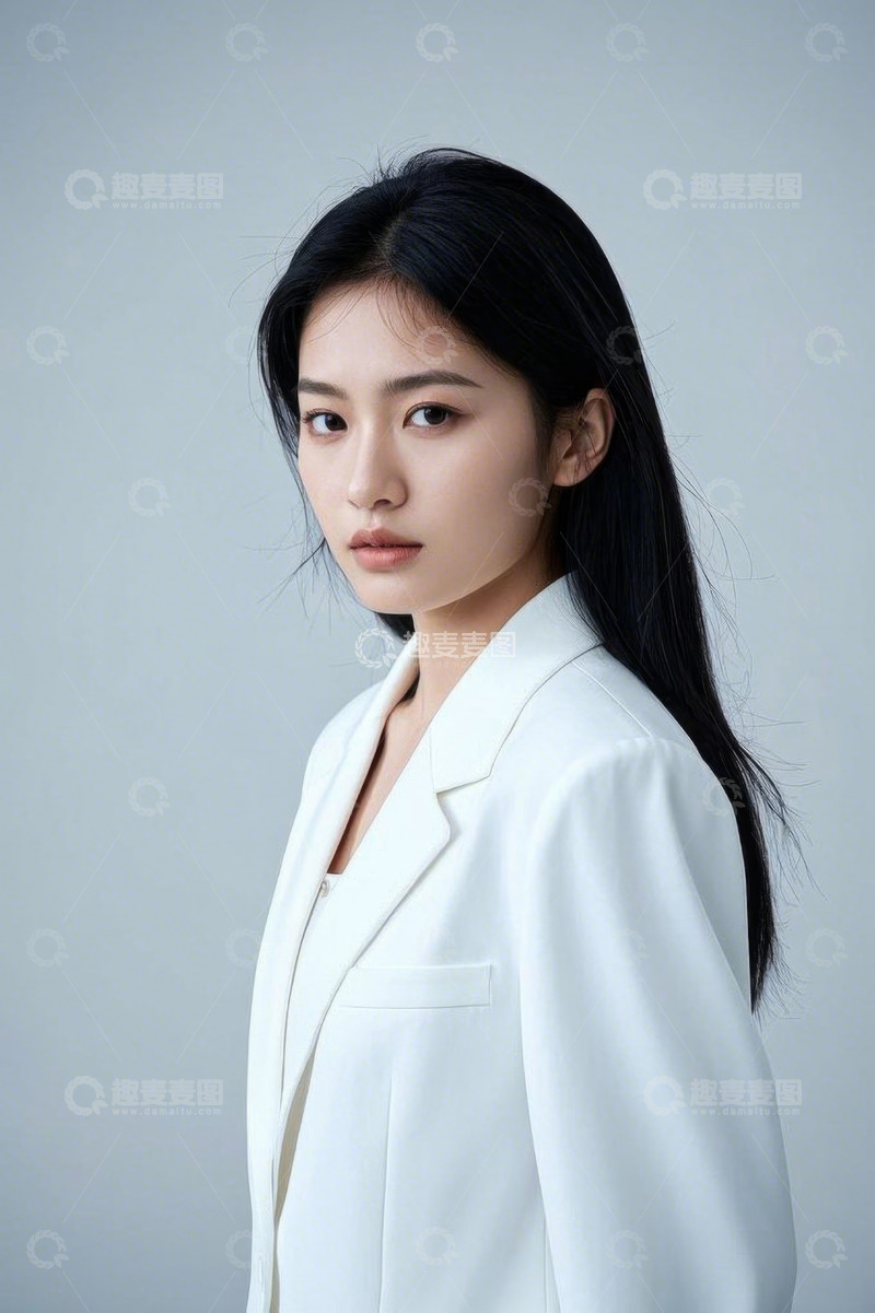 高清大图下载【趣麦麦图】身着白西装的年轻女性肖像