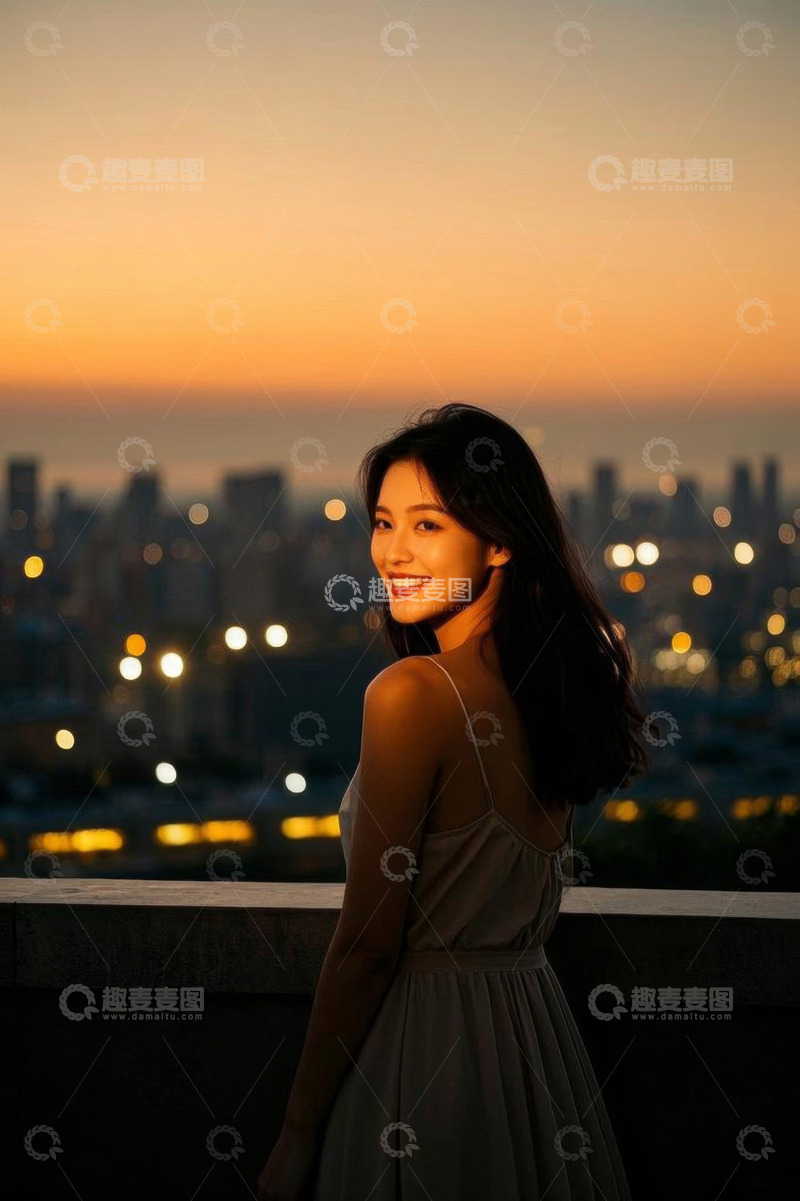 高清大图下载【趣麦麦图】黄昏下微笑的女性城市背影