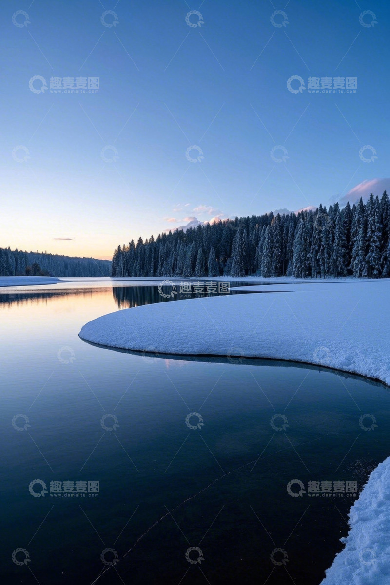 高清大图下载【趣麦麦图】冬日雪覆森林旁的宁静湖泊