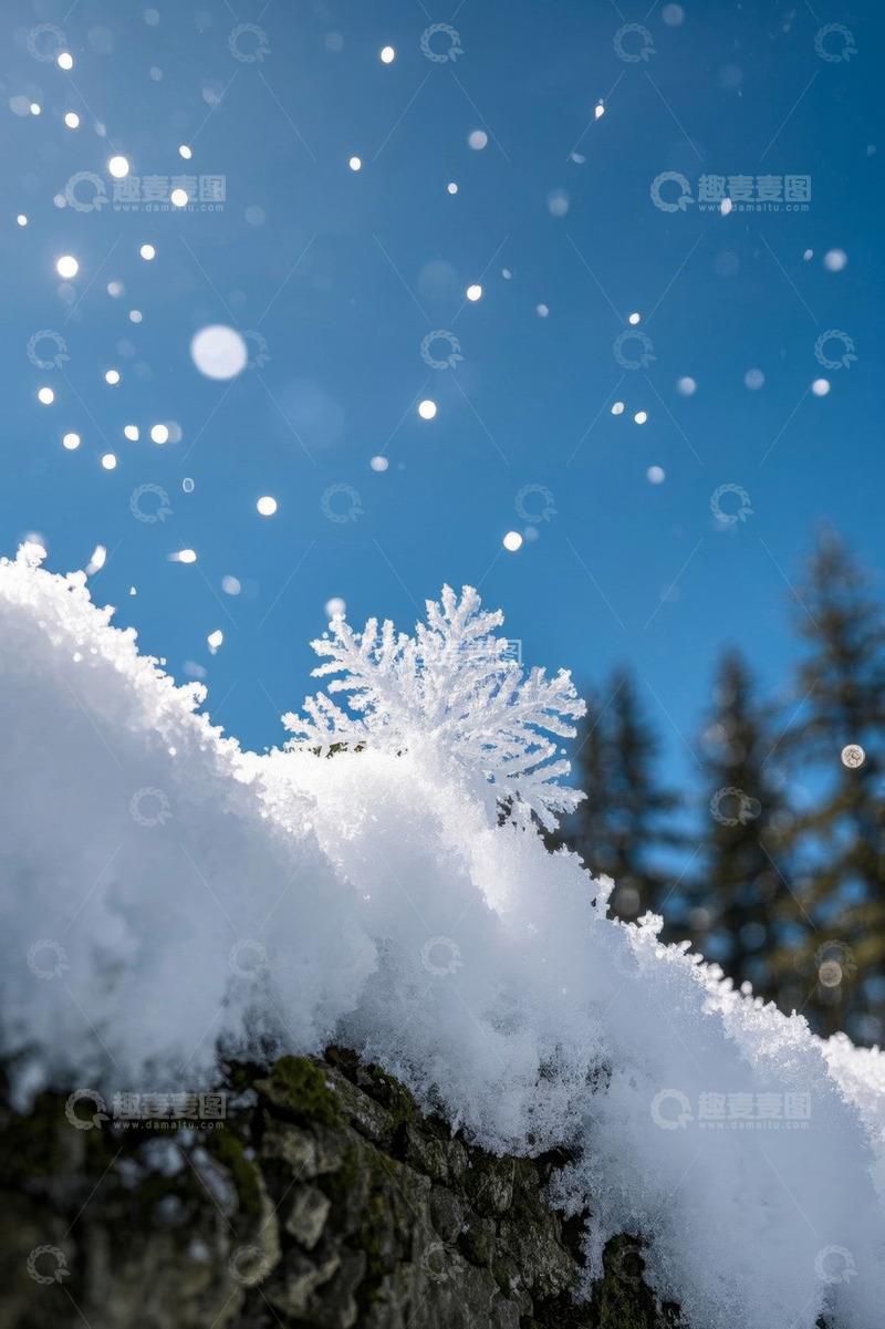 高清大图下载【趣麦麦图】特写雪花飘落于积雪覆盖的岩石