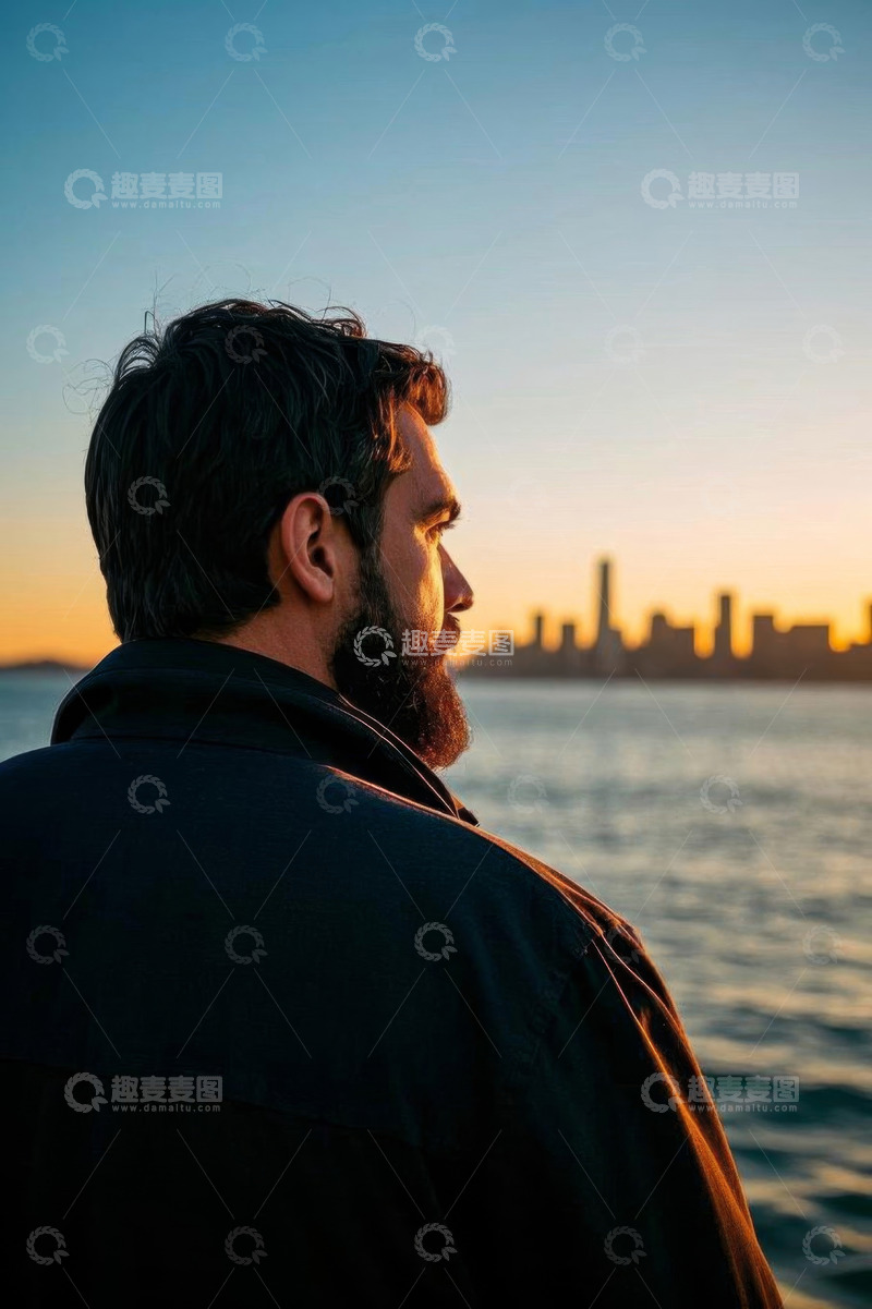 高清大图下载【趣麦麦图】男子海边眺望城市天际线