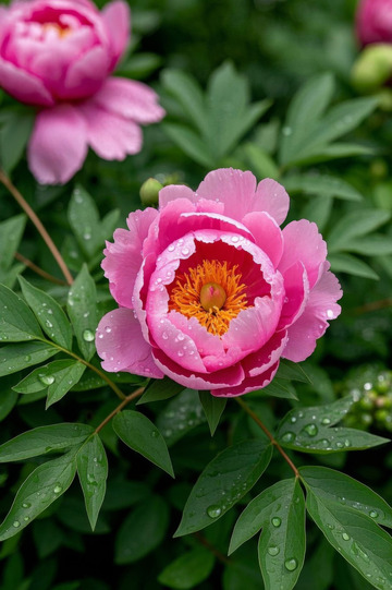 带水珠的粉色牡丹花特写