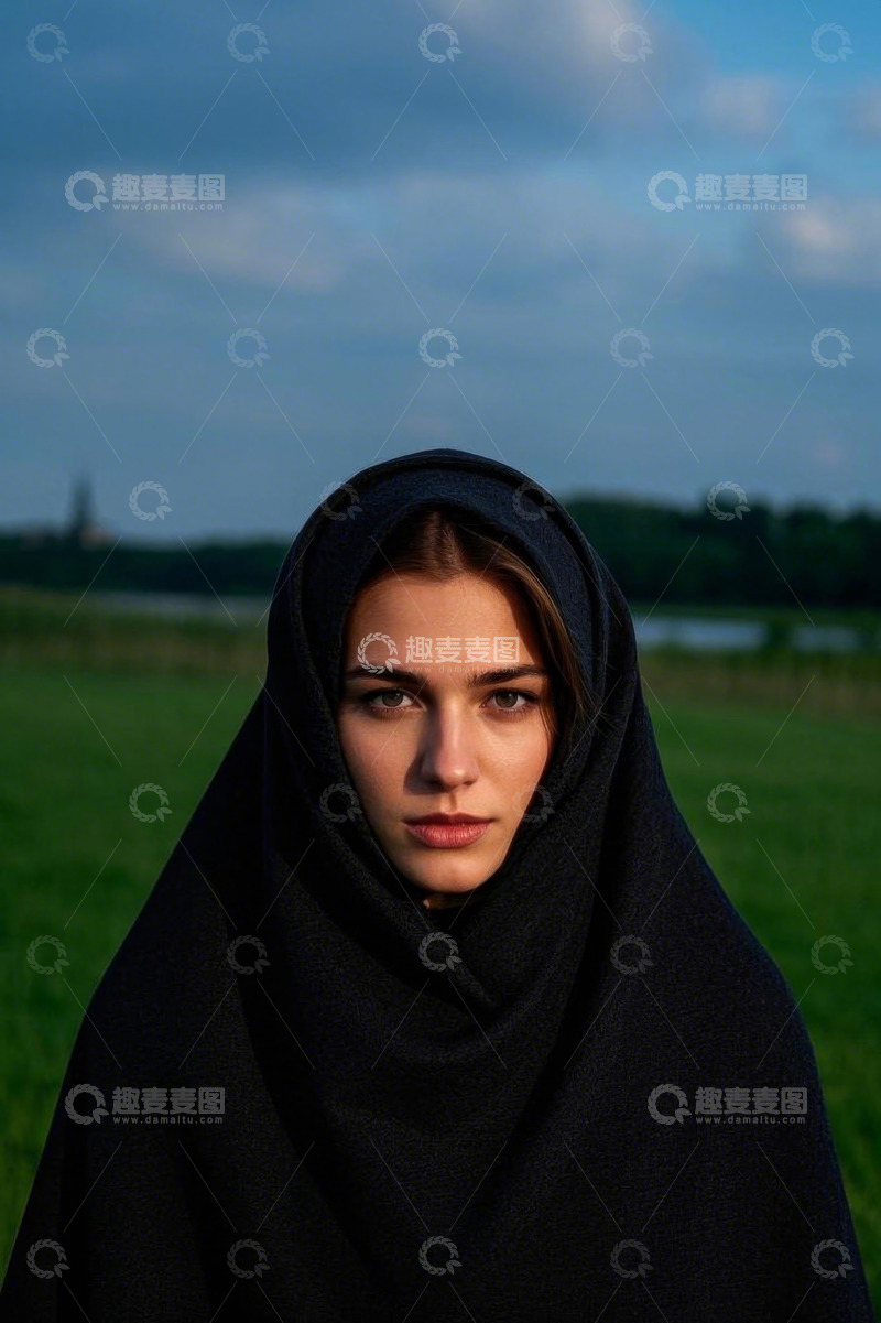 高清大图下载【趣麦麦图】披黑巾女子于绿地前的肖像