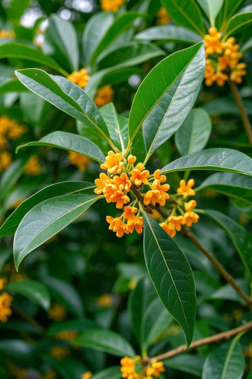 盛开的桂花与绿叶特写