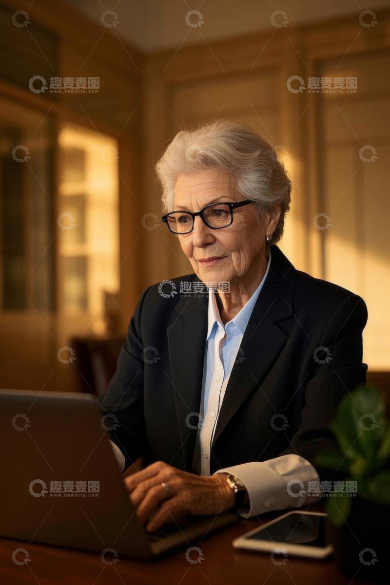 高清大图下载【趣麦麦图】老年女性办公使用笔记本电脑