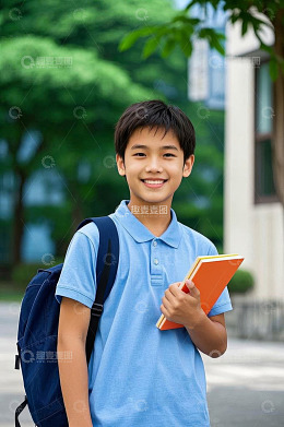 背着书包手持书本的男孩