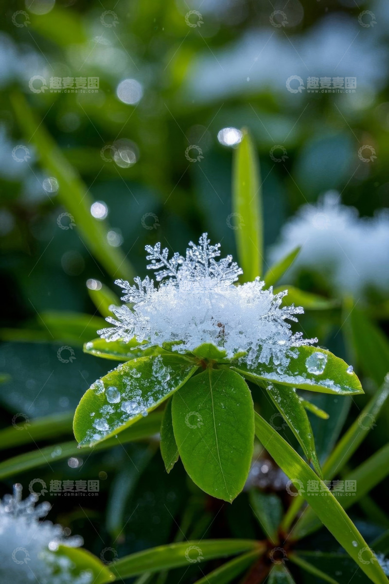 高清大图下载【趣麦麦图】绿叶上覆盖薄雪的自然景象