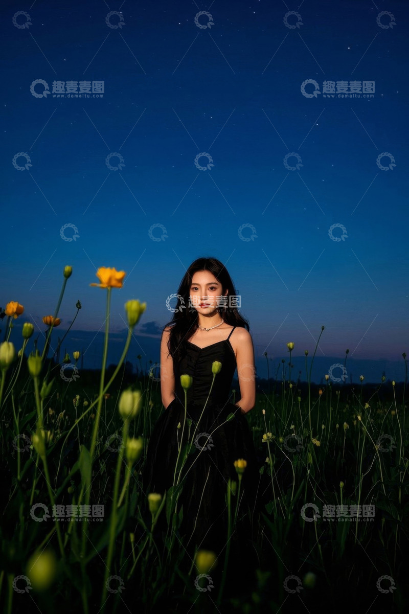 高清大图下载【趣麦麦图】夜晚花田中站立的黑衣女子