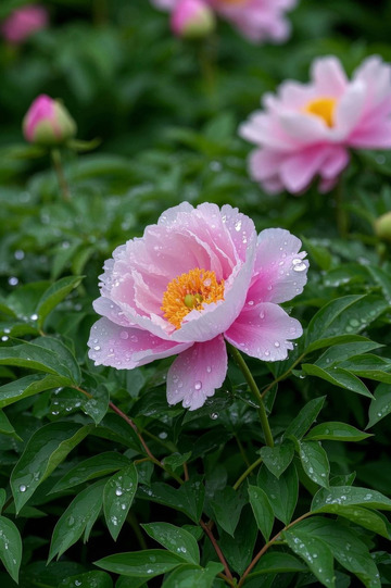 带水珠的粉色牡丹花特写