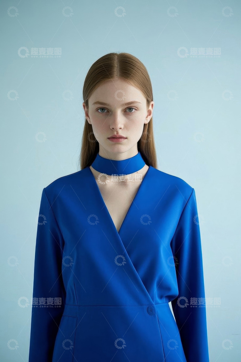 高清大图下载【趣麦麦图】身着蓝色服装的年轻女性模特