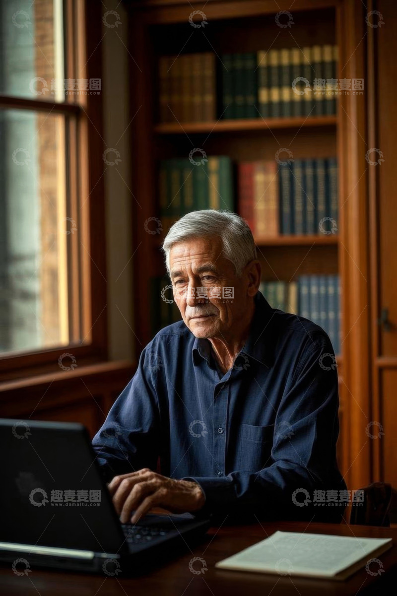 高清大图下载【趣麦麦图】老年男性书房使用笔记本电脑