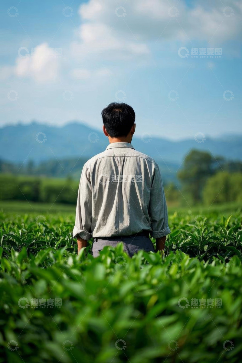 高清大图下载【趣麦麦图】男子站立茶园眺望远方