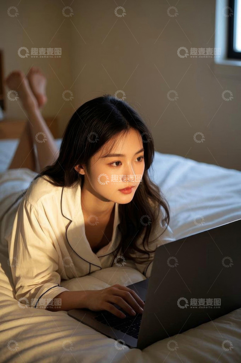 高清大图下载【趣麦麦图】女性床上使用笔记本电脑场景