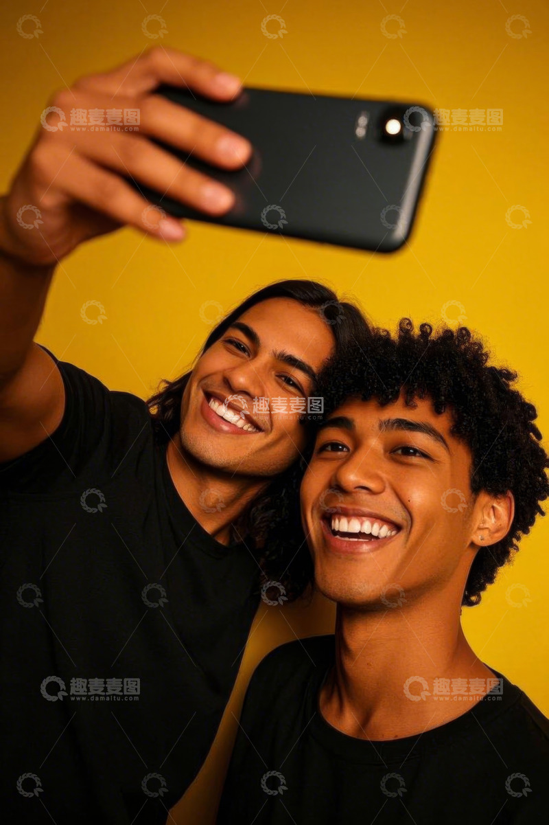 高清大图下载【趣麦麦图】两位男士黄色背景下自拍
