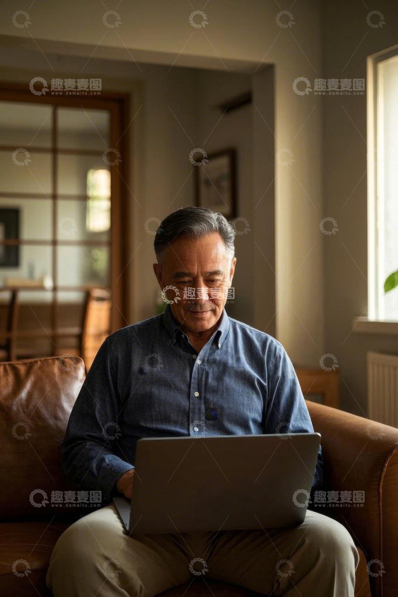 高清大图下载【趣麦麦图】老人在家中使用笔记本电脑