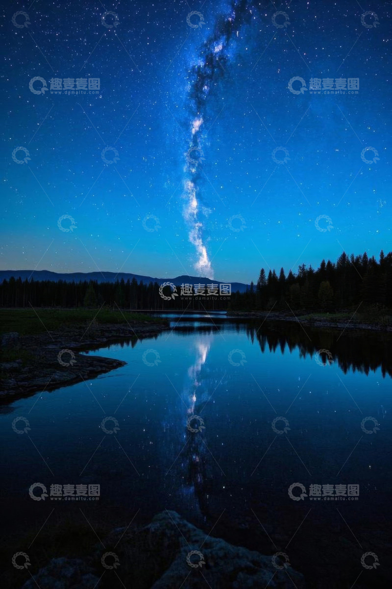 高清大图下载【趣麦麦图】夜空下湖泊山林与银河景象