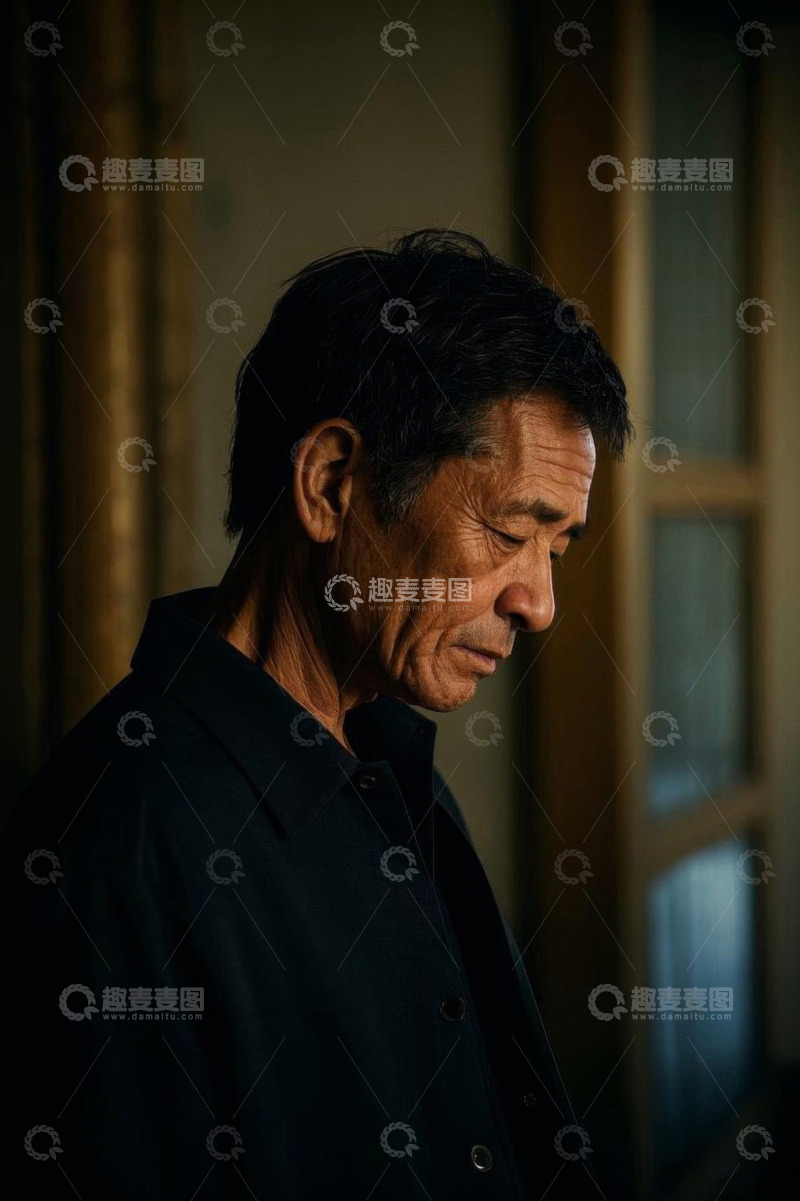 高清大图下载【趣麦麦图】老年男子室内低头沉思画面