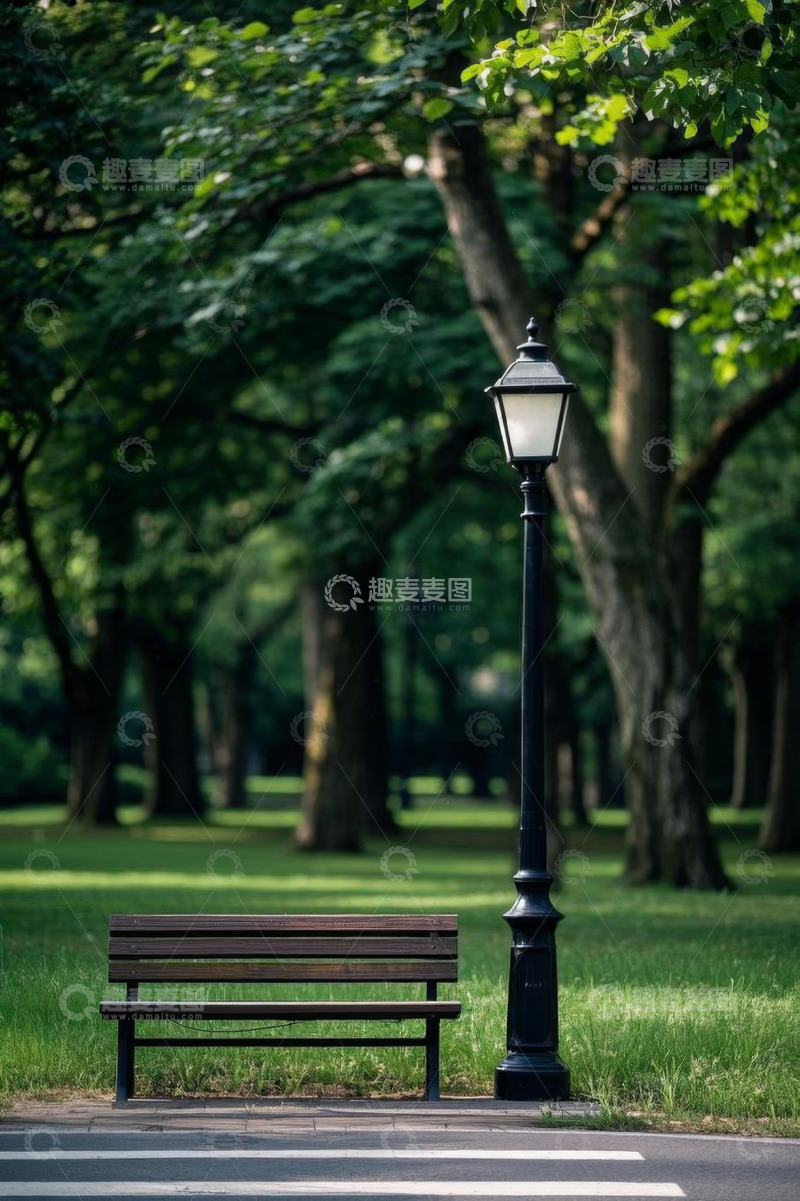 高清大图下载【趣麦麦图】公园内路灯旁的木质长椅