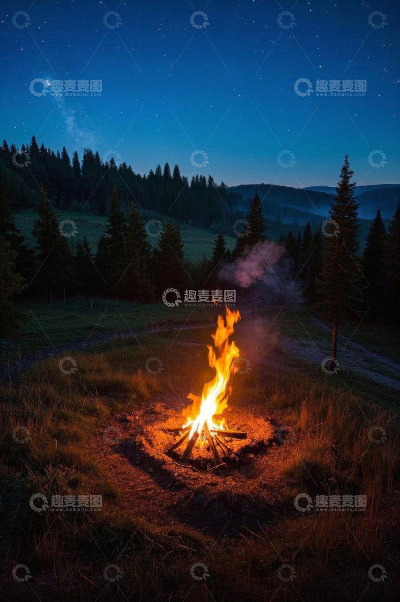 高清大图下载【趣麦麦图】山林间夜空下的篝火场景