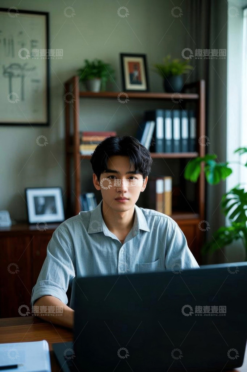 高清大图下载【趣麦麦图】室内年轻人专注使用笔记本电脑