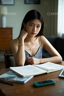 居家女性伏案看书场景