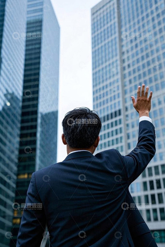 商务男士于高楼前挥手场景