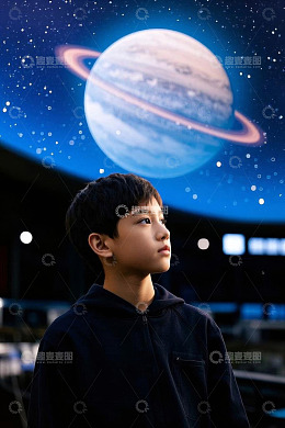 男孩仰望星空星球画面