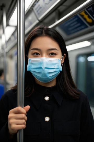 戴口罩女子乘地铁扶杆