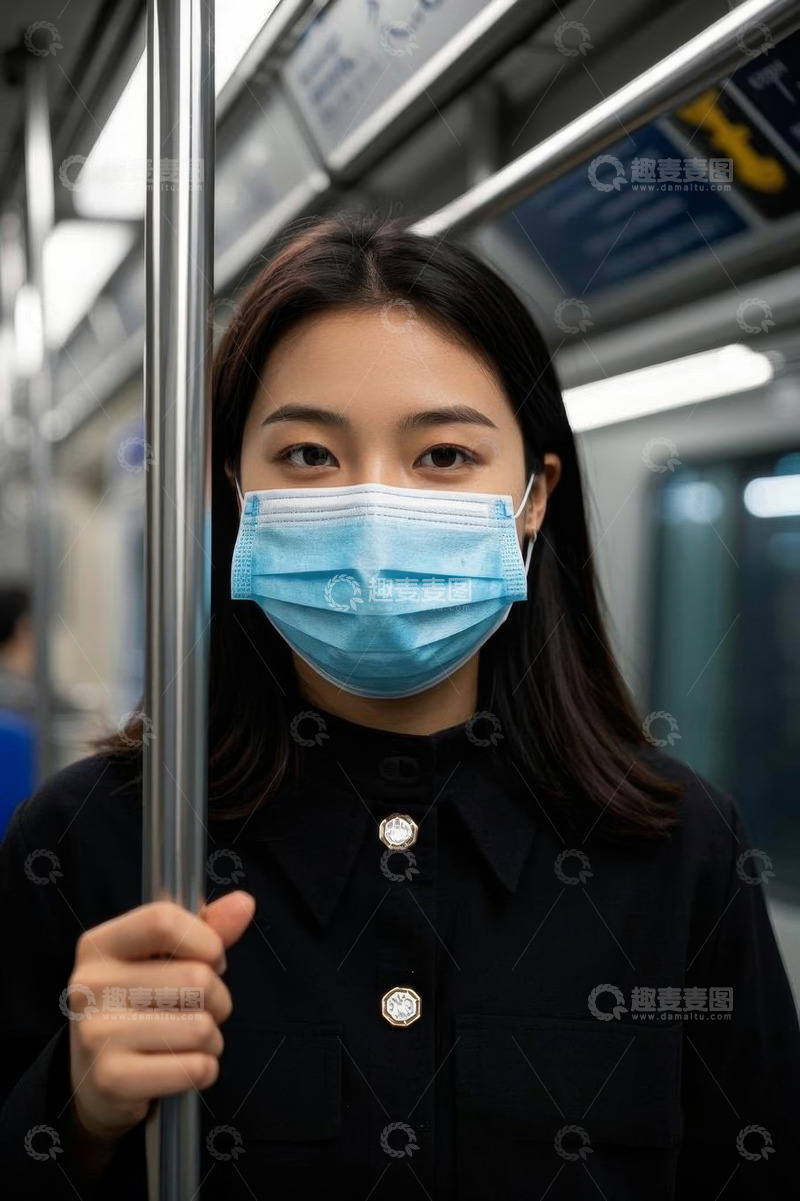 高清大图下载【趣麦麦图】戴口罩女子乘地铁扶杆