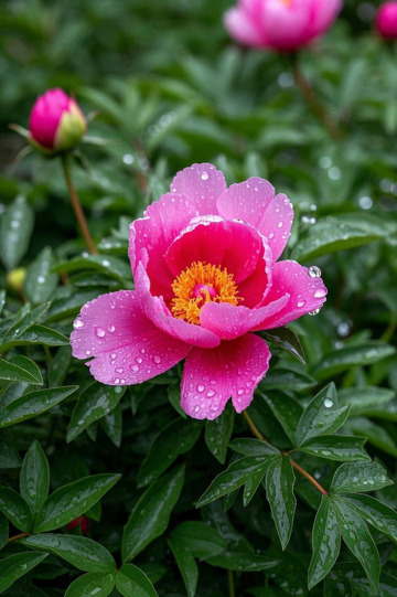 带水珠的盛开粉色牡丹花