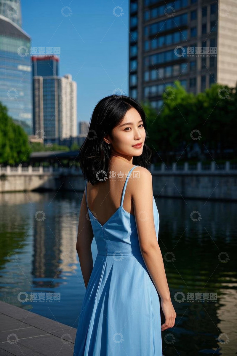 高清大图下载【趣麦麦图】户外河畔身着蓝裙的女性背影