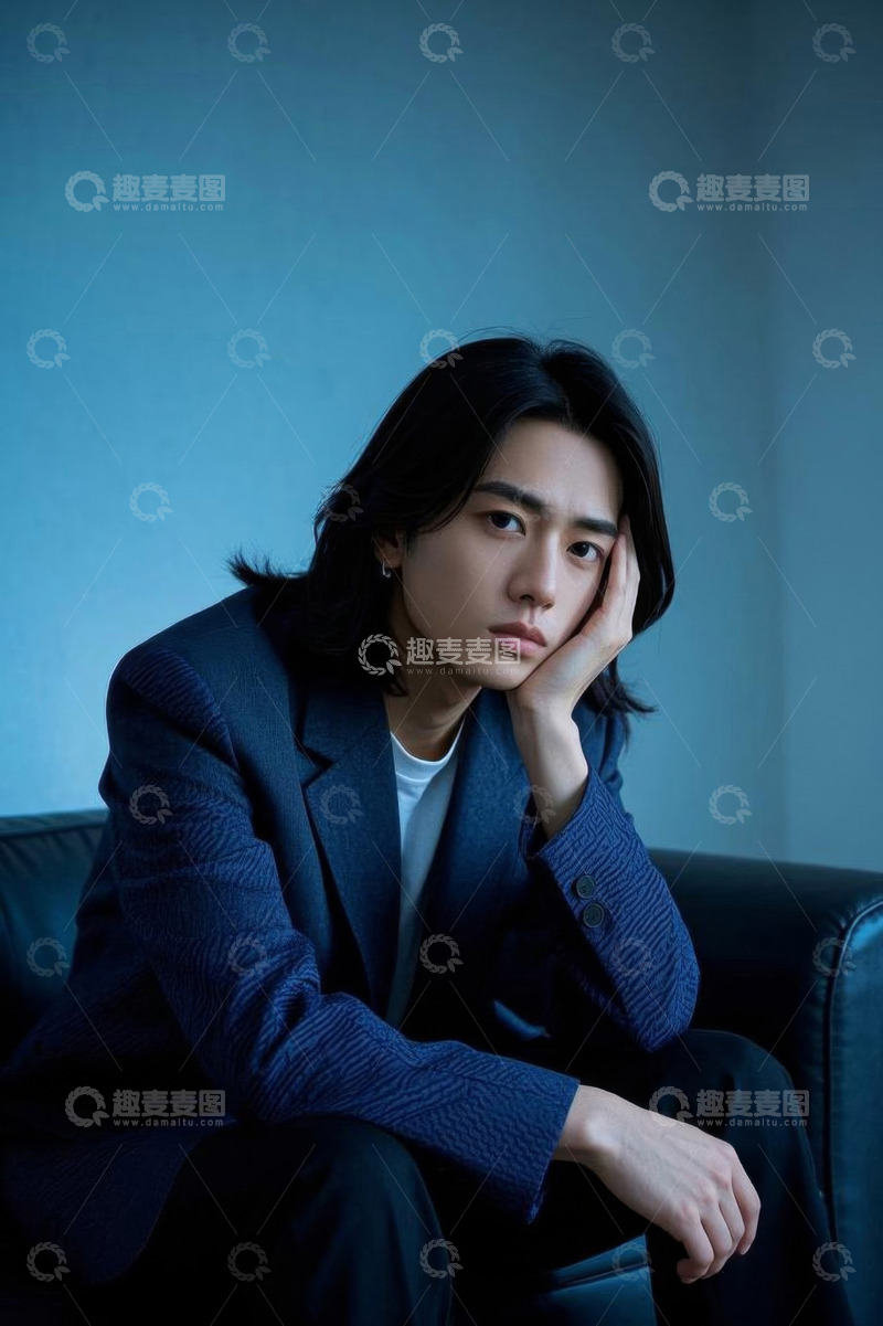 高清大图下载【趣麦麦图】身着西装男士沙发上托腮沉思