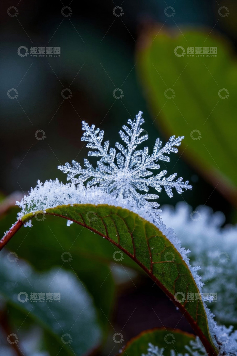 高清大图下载【趣麦麦图】绿叶上的雪花特写