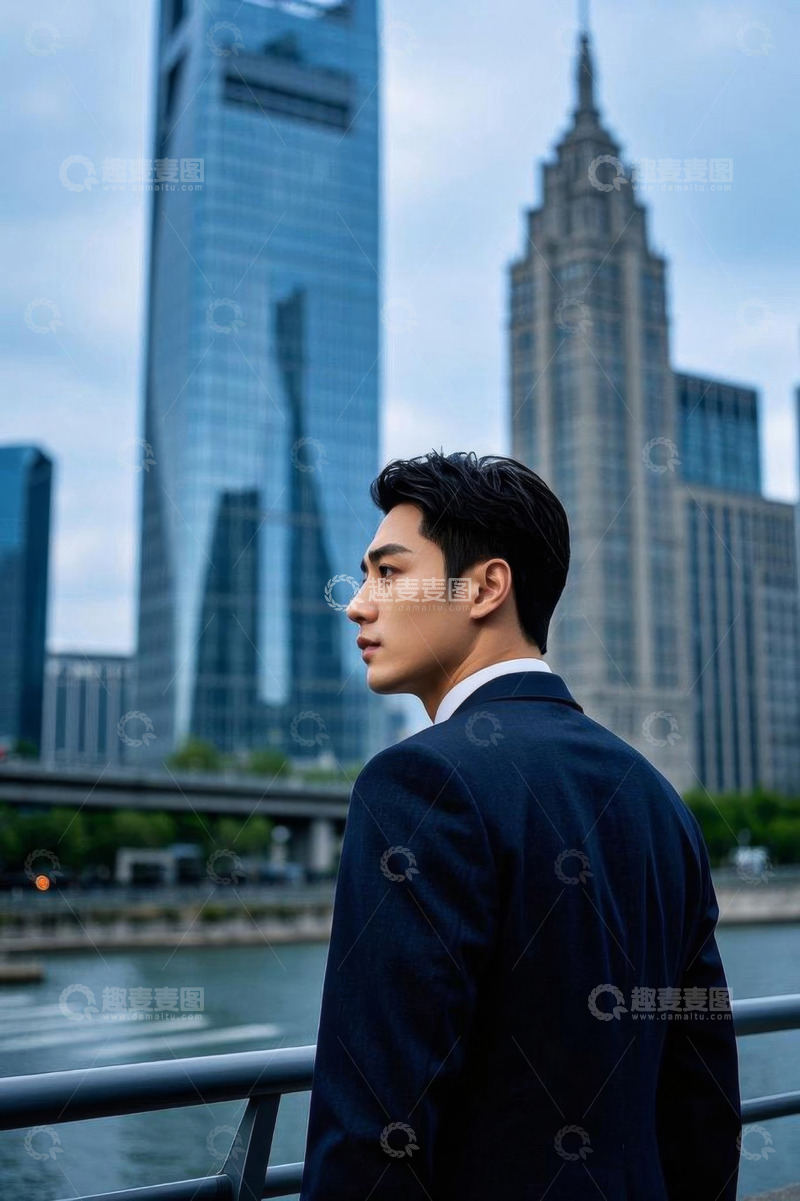 高清大图下载【趣麦麦图】身着西装男子眺望城市建筑