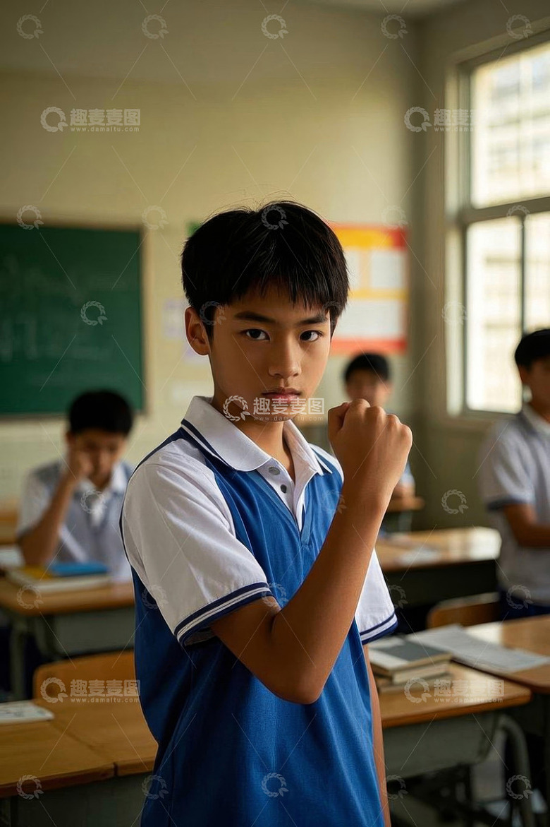 教室中穿校服的少年握拳场景