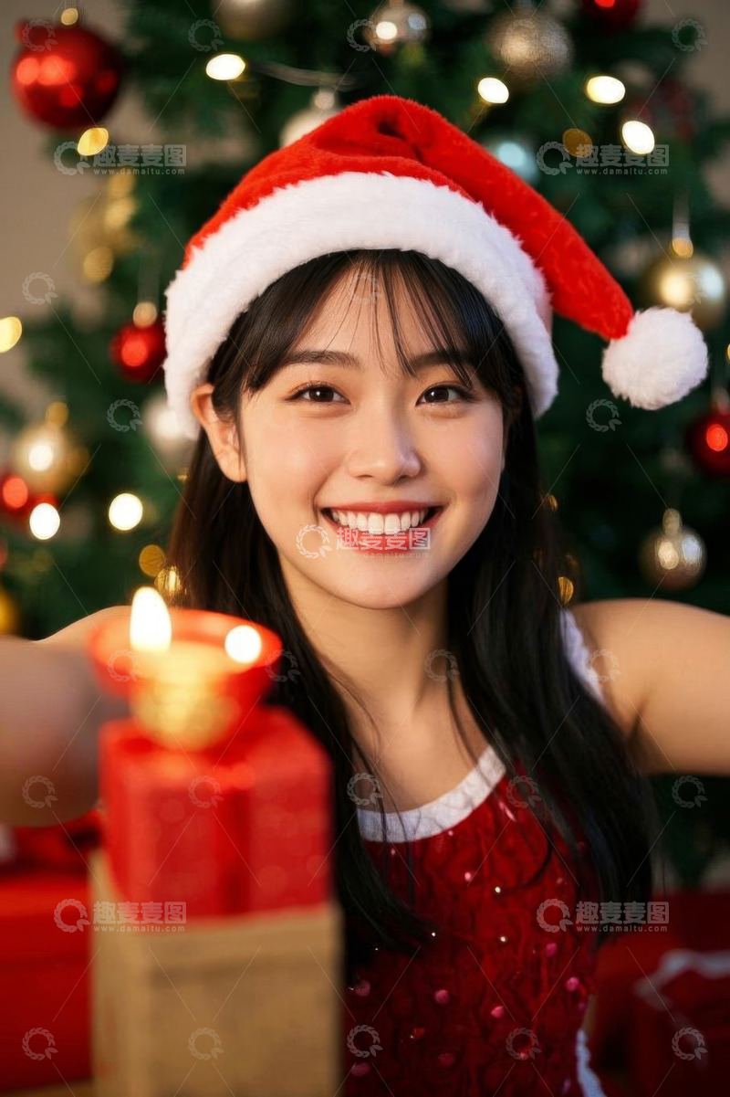 高清大图下载【趣麦麦图】戴圣诞帽女子手持礼物微笑