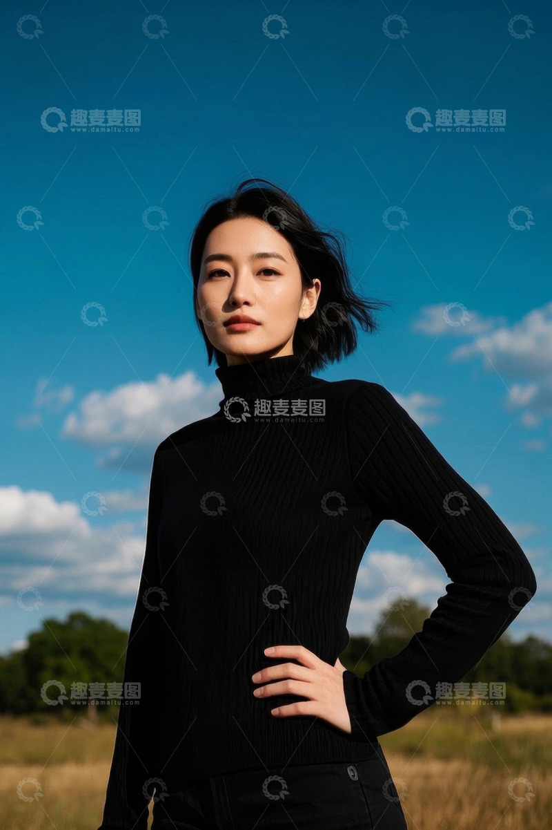 高清大图下载【趣麦麦图】户外站立的黑衣女性