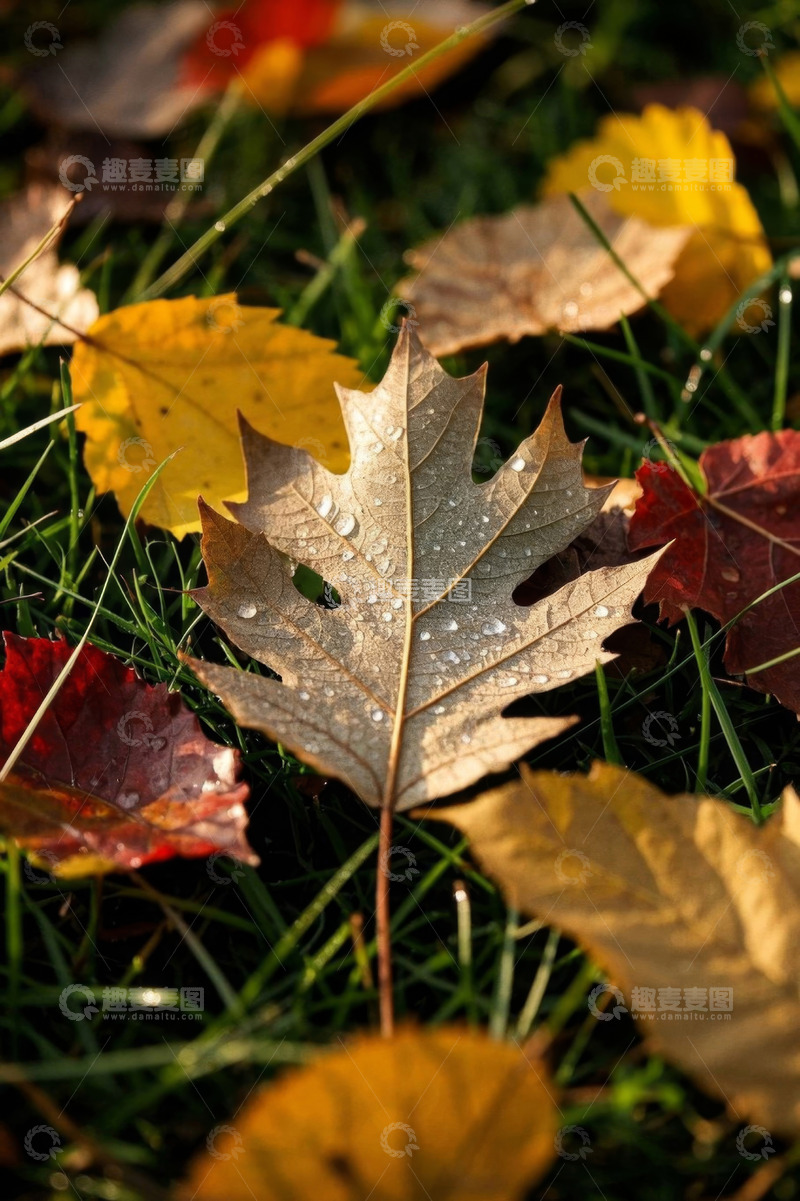 高清大图下载【趣麦麦图】草地上的多彩落叶与露珠