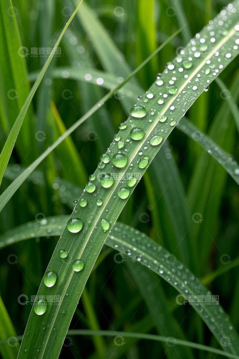 高清大图下载【趣麦麦图】青草叶片上的晶莹水珠