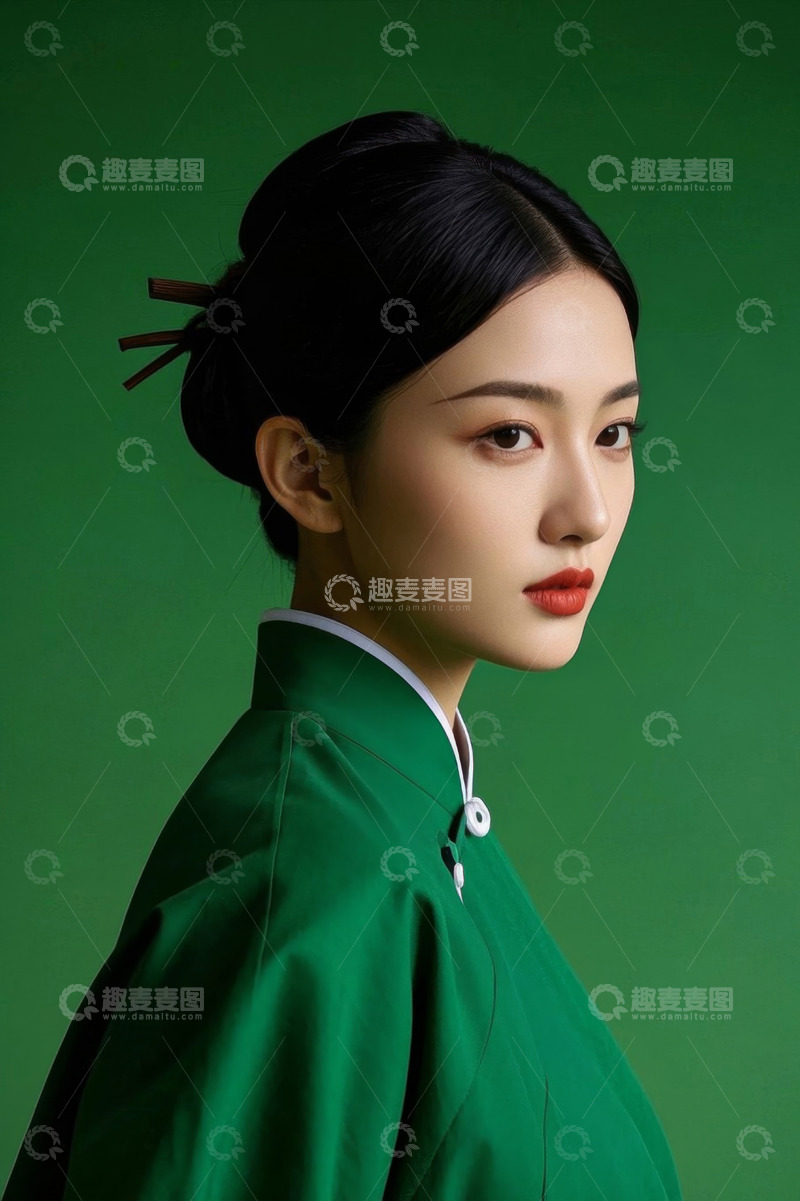 高清大图下载【趣麦麦图】身着绿色古装的年轻女子肖像