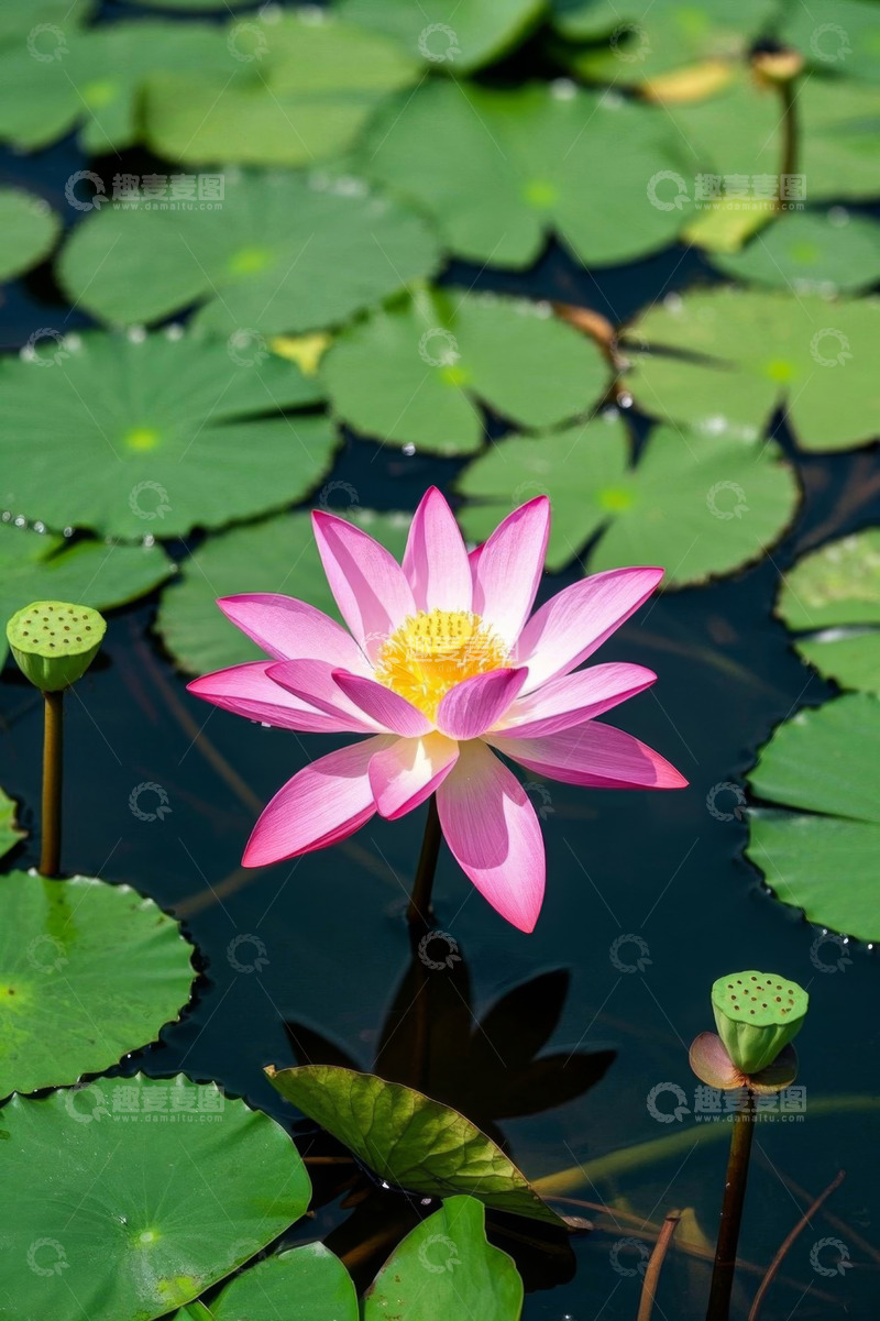 高清大图下载【趣麦麦图】水中绽放的粉色荷花及荷叶