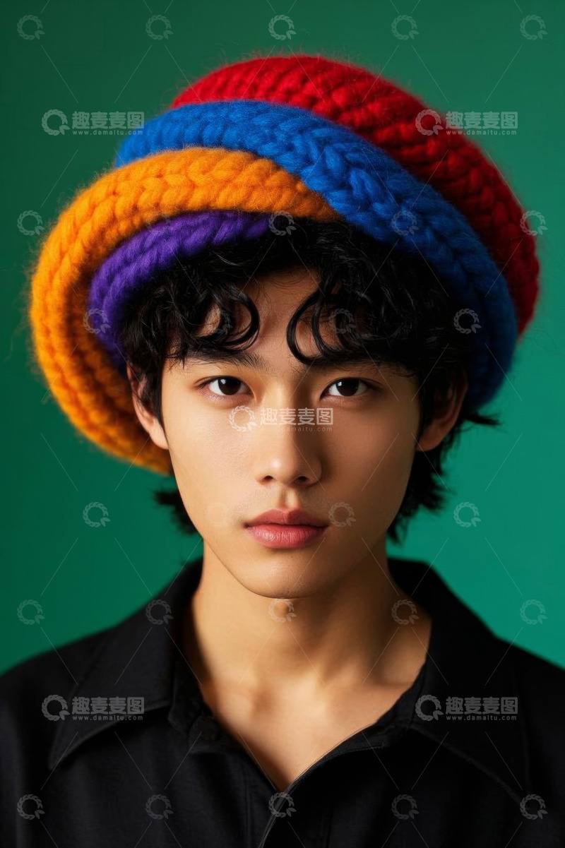 高清大图下载【趣麦麦图】戴多彩毛线帽的男性肖像