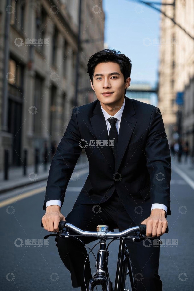 高清大图下载【趣麦麦图】西装男子街道骑自行车