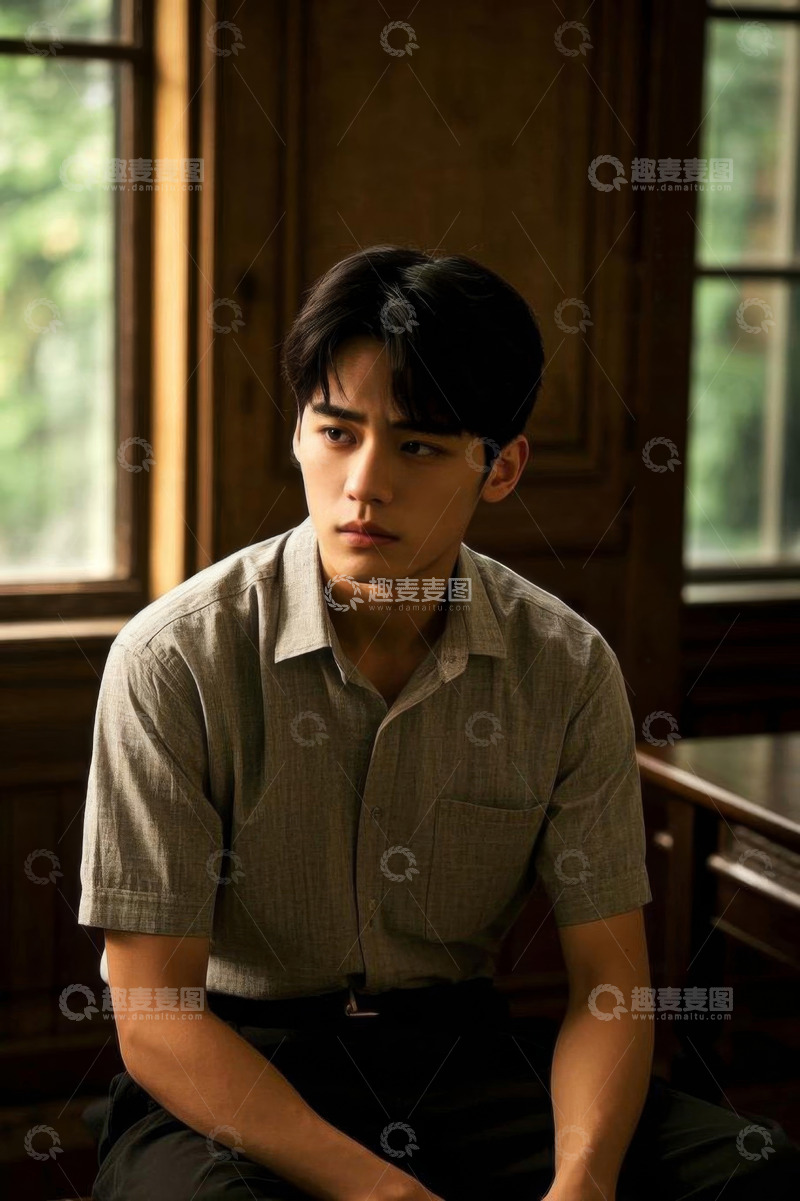 高清大图下载【趣麦麦图】室内静坐沉思的亚洲年轻男性