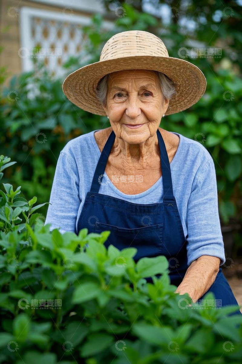 高清大图下载【趣麦麦图】戴草帽老妇人在绿植中微笑