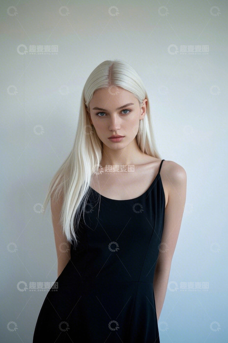 高清大图下载【趣麦麦图】金发女子黑色吊带裙肖像