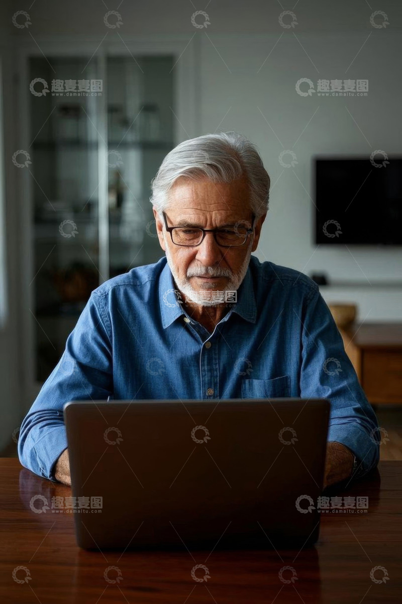 高清大图下载【趣麦麦图】老年男性居家使用笔记本电脑