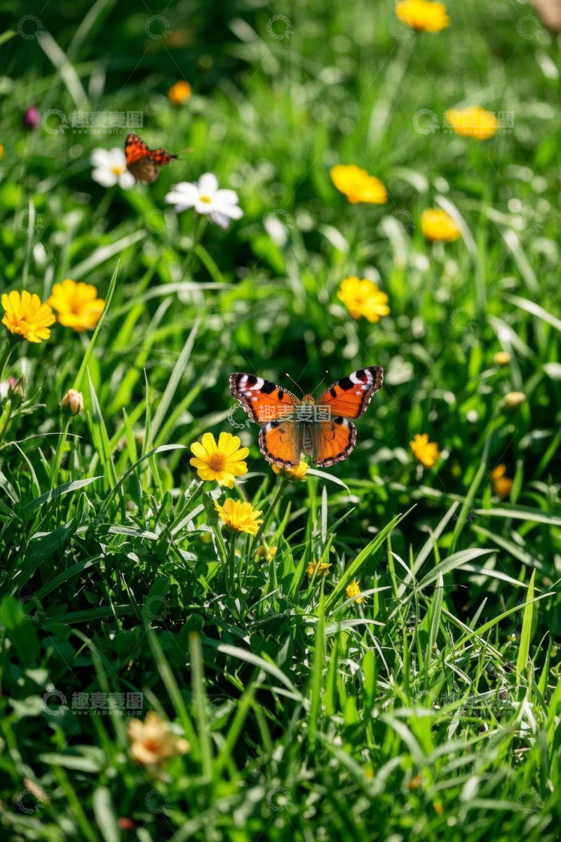 高清大图下载【趣麦麦图】草地上蝴蝶停留在花丛间